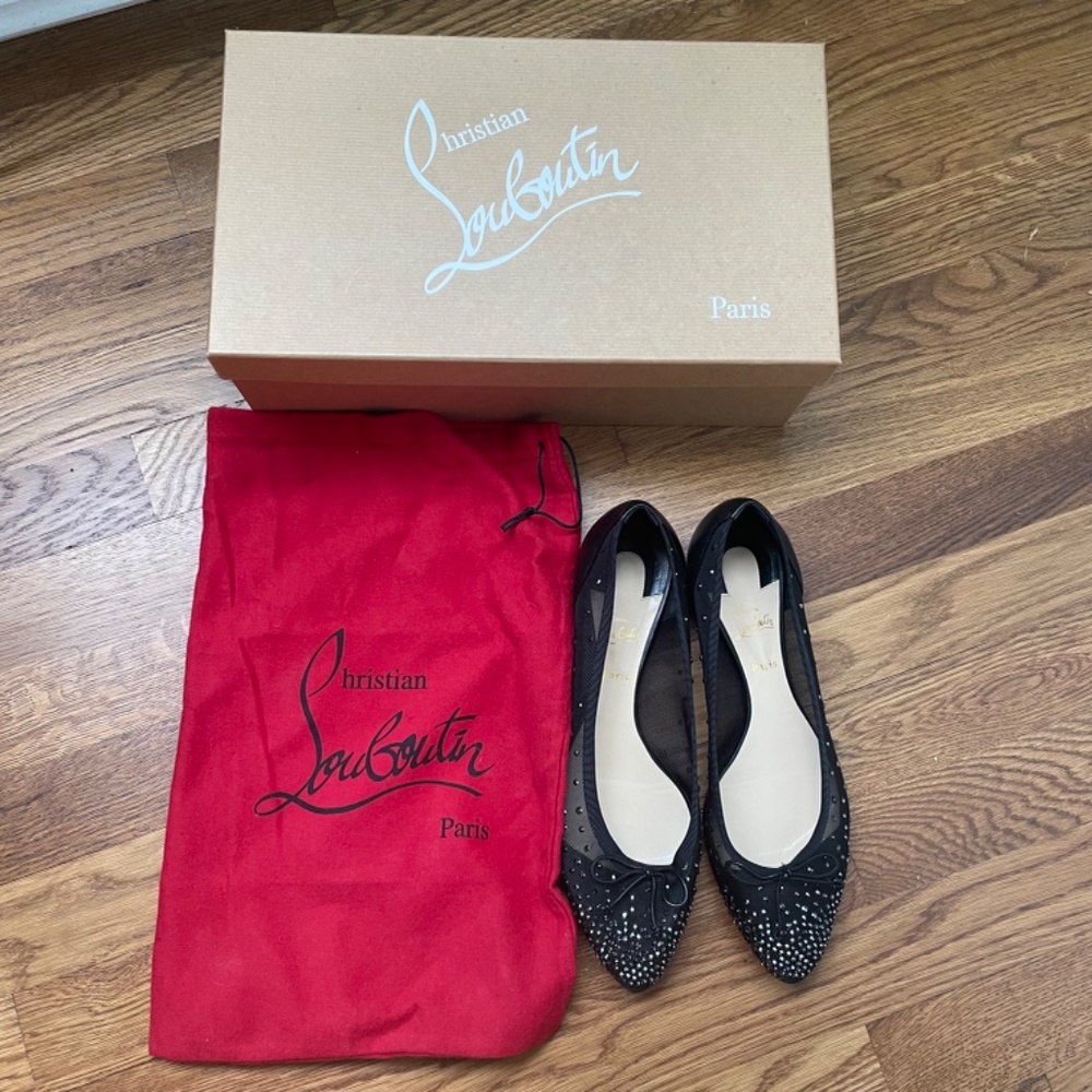 Christian Louboutin Black Crystal-Embellished Mesh Pointed-Toe Flats